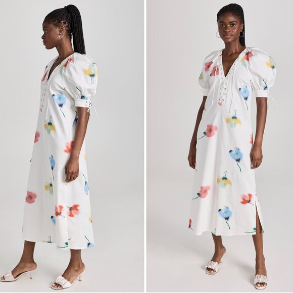 SLEEPERGarden Floral Cotton Midi Dress White size M Leg of Button Sleeve Tie
